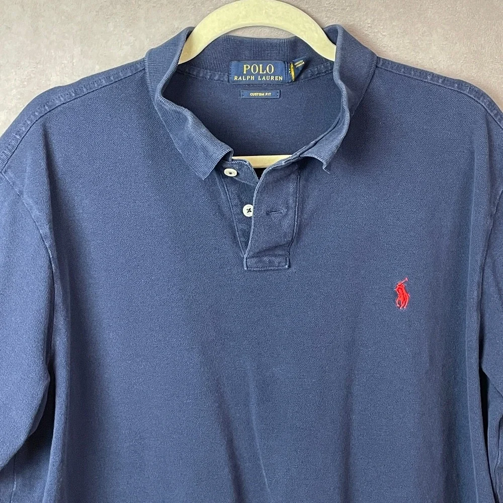 POLO RALPH LAUREN Polo Shirt Mens 2XL Blue Custom Fit Cotton Short Sleeve Casual